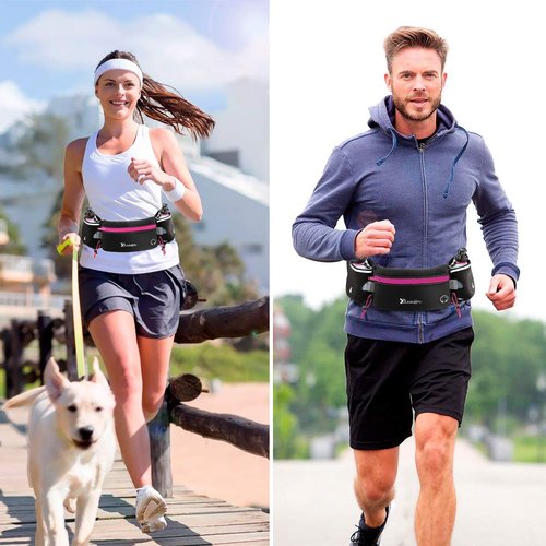 Number-one Running Belt with Water Bottles(2 x 175ML), Hydration Belt Waterproof Waist Pack Bag Fits iPhones Adjustable Sports Waist Pouch for Marathon Running Hiking Cycling, Rose Red